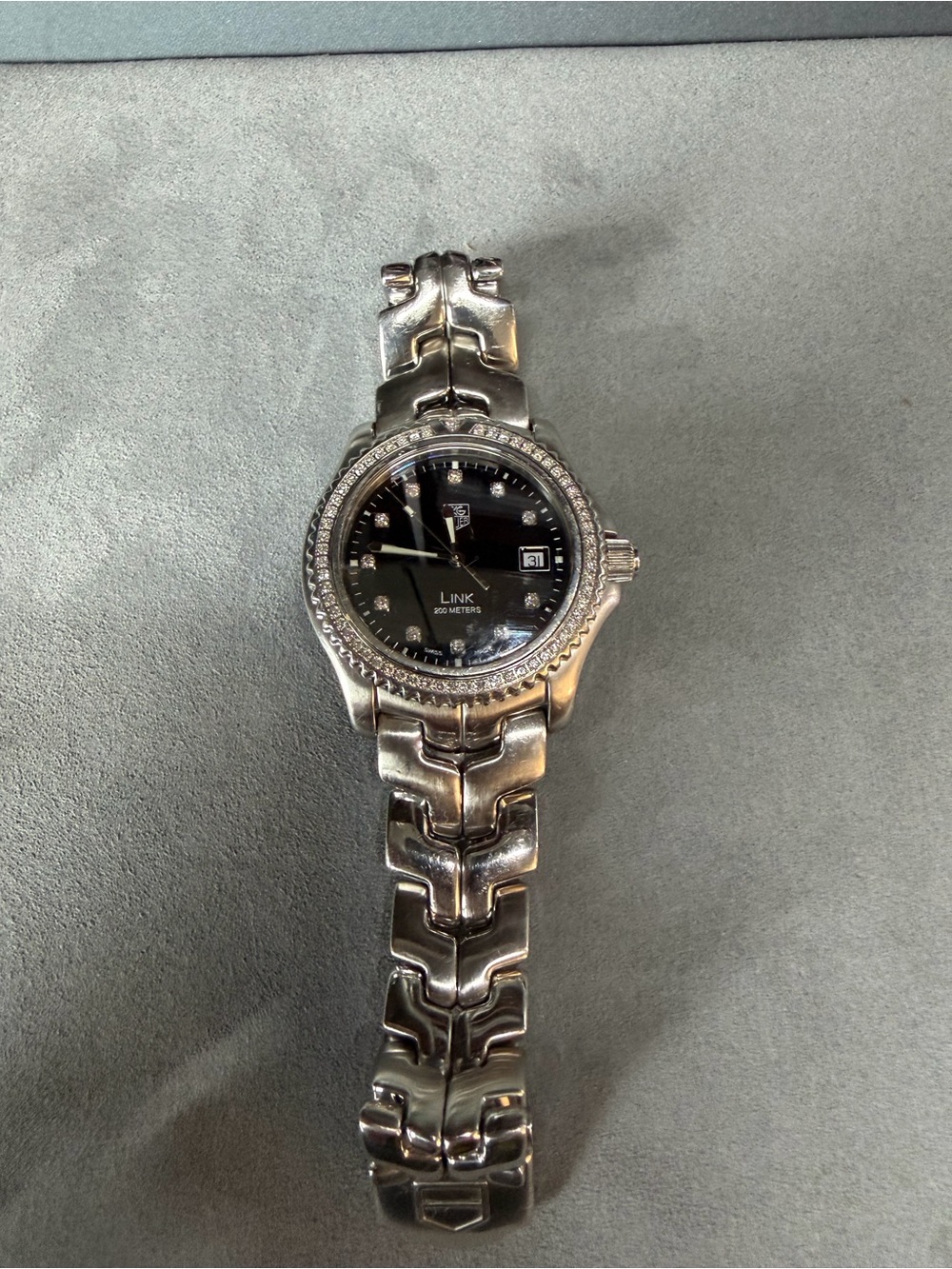 Tag Heuer Silver Stainless Steel Watch with Black Dial and Diamond Accents